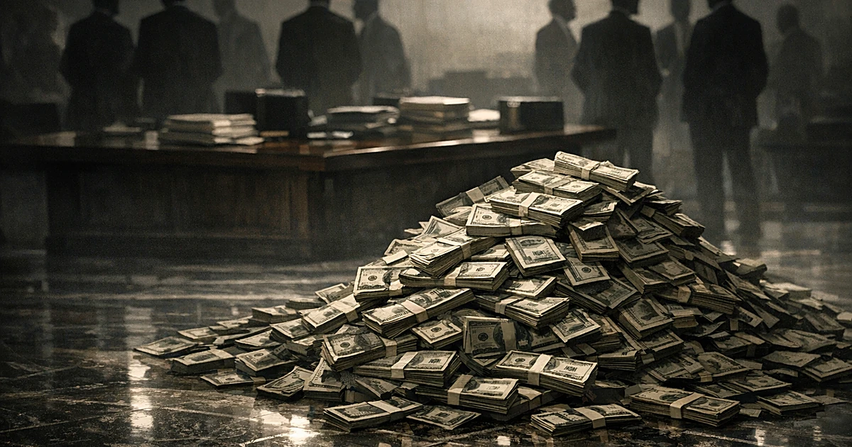 Large pile of money on marble floor with silhouetted figures around table in dimly lit room