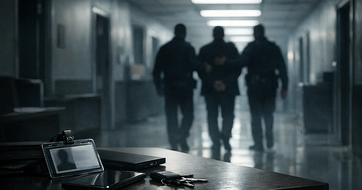 Silhouetted figures escorted down office hallway with security badges and devices left behind on desk