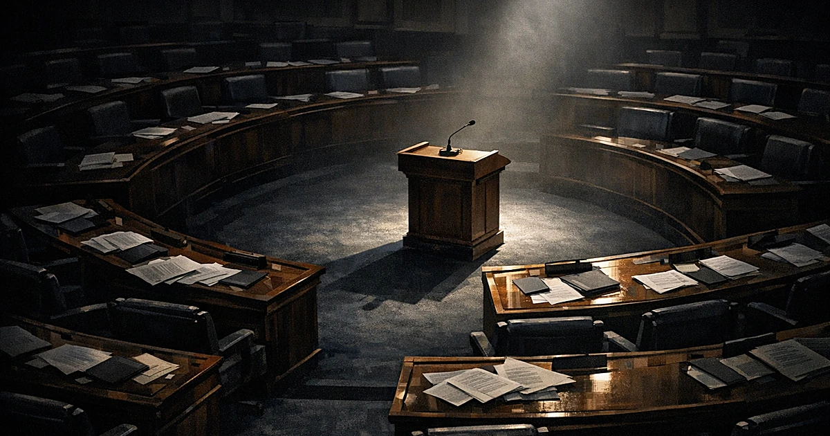 Empty legislative chamber with spotlight on vacant podium, surrounded by shadowed seats and scattered papers