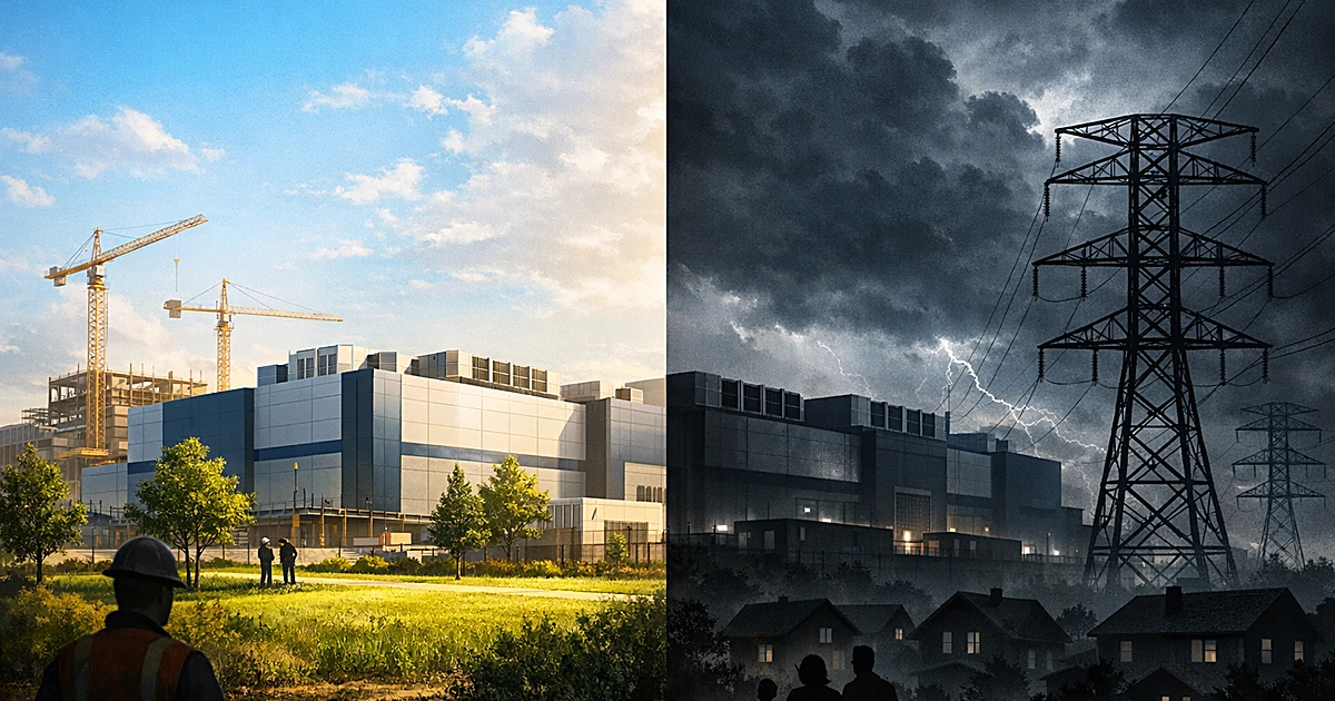 Data center facility shown in two contrasting scenes: one bright and welcoming, one dark with power lines and homes below
