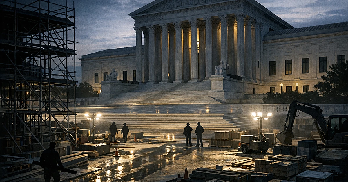 Supreme Court building with construction equipment and worker silhouettes in foreground during evening hours