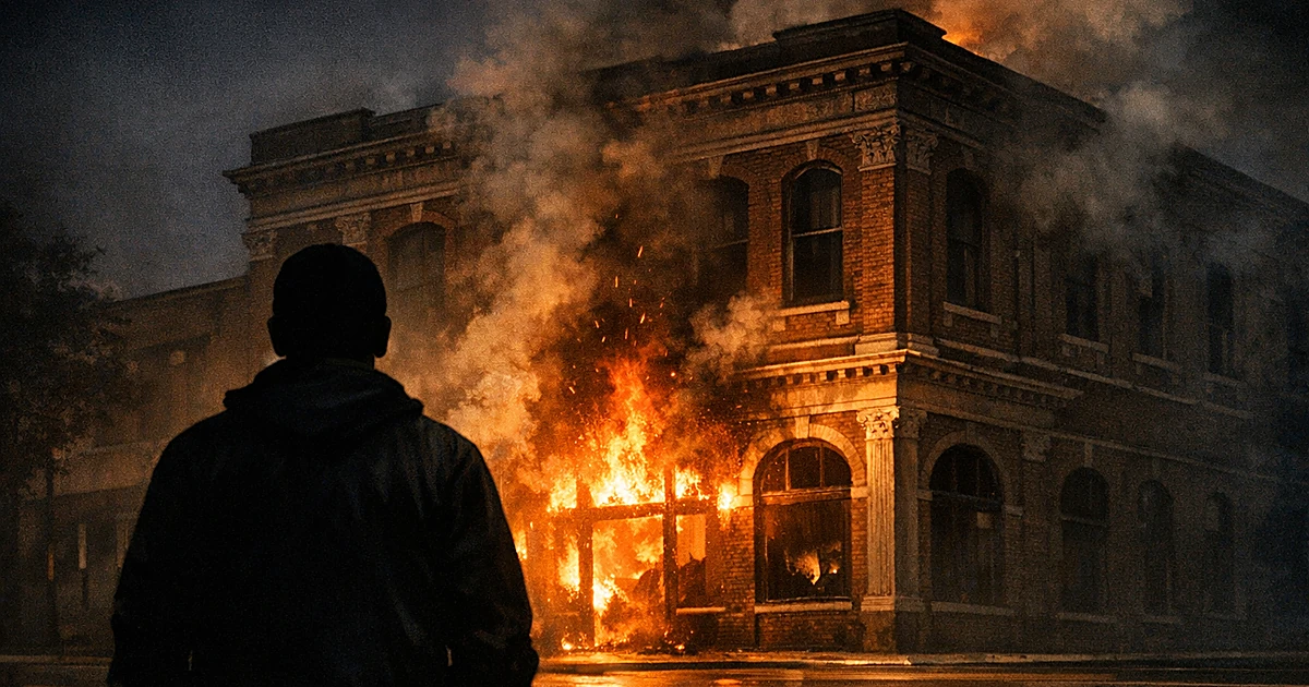 Silhouetted figure before historic brick building with flames emerging at night