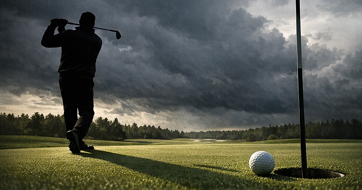 Silhouette of golfer mid-swing on course with dark storm clouds gathering in background