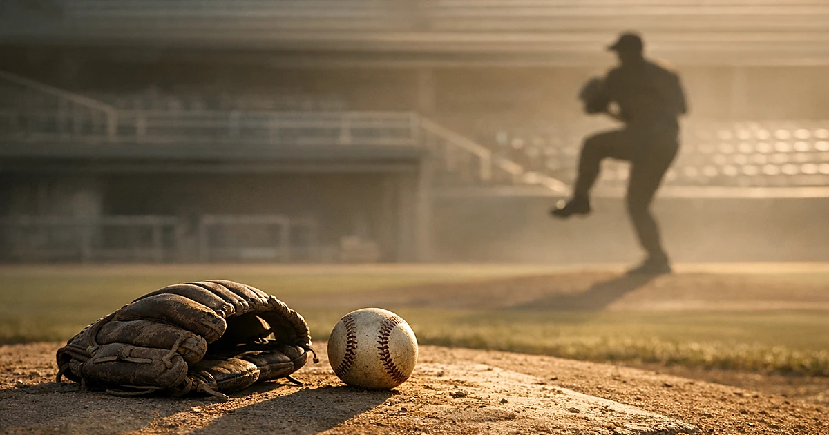 Baseball glove and ball on pitcher's mound with silhouette of left-handed pitcher in background at empty stadium