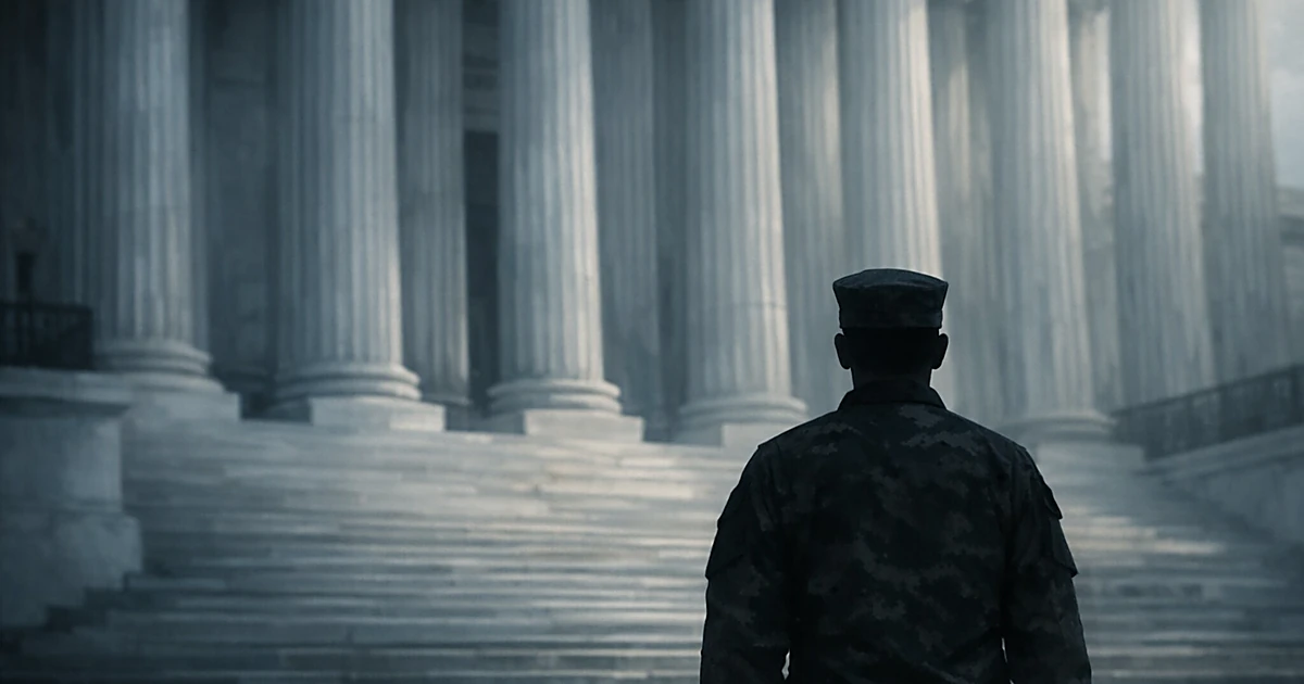 Silhouetted military service member from behind facing large courthouse columns in dramatic lighting