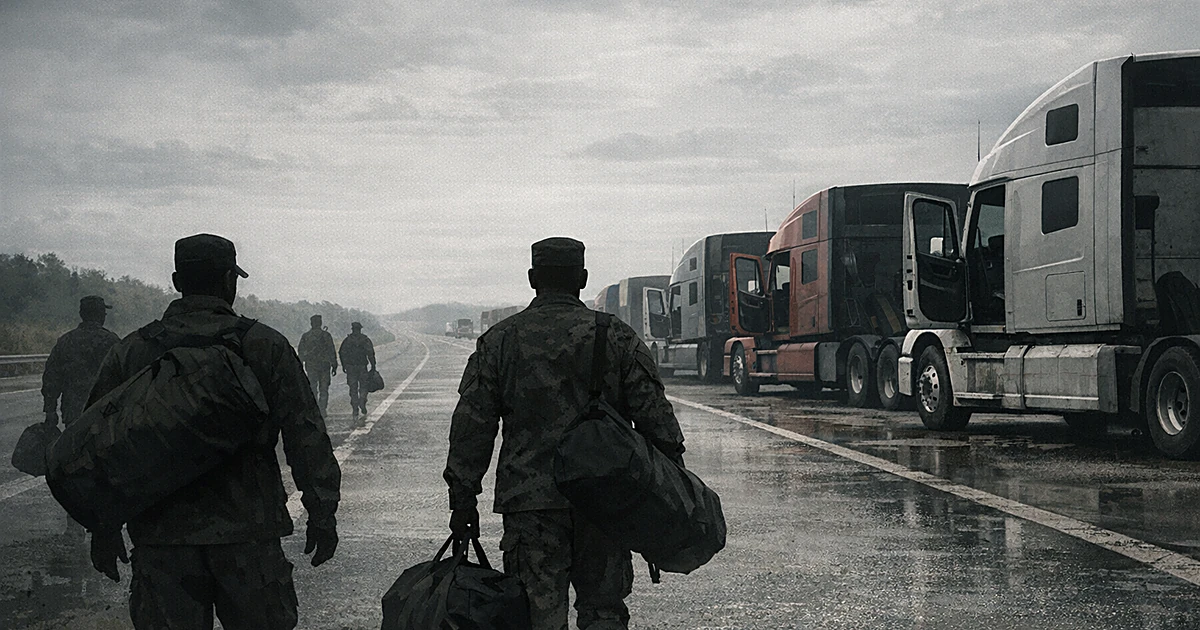 Empty semi-trucks parked on highway with silhouettes of uniformed figures walking toward them from behind