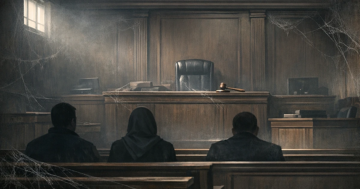 Empty courtroom with dusty light and cobwebs showing decades of disuse before recent activation