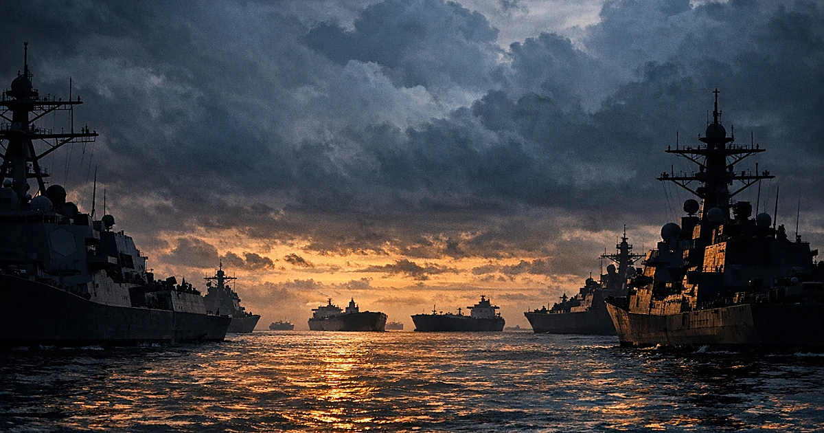 Military vessels face off in narrow strait at dusk with storm clouds overhead and waiting tankers in background