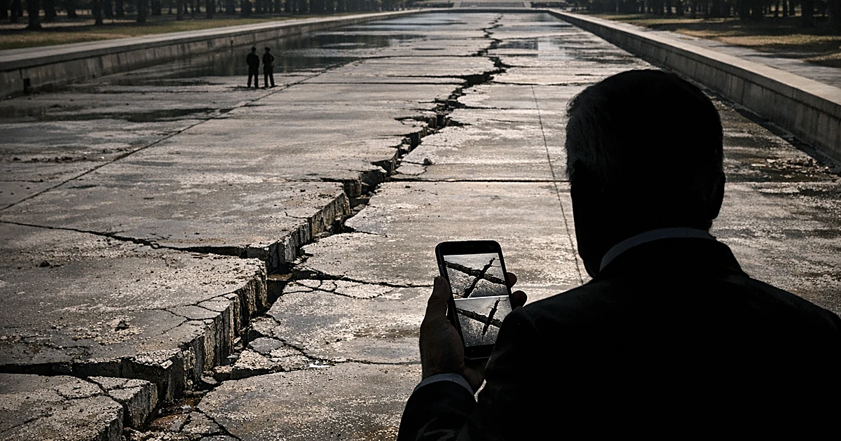 Overhead view of damaged reflecting pool with cracked expansion joints, silhouetted figure viewing photos in foreground