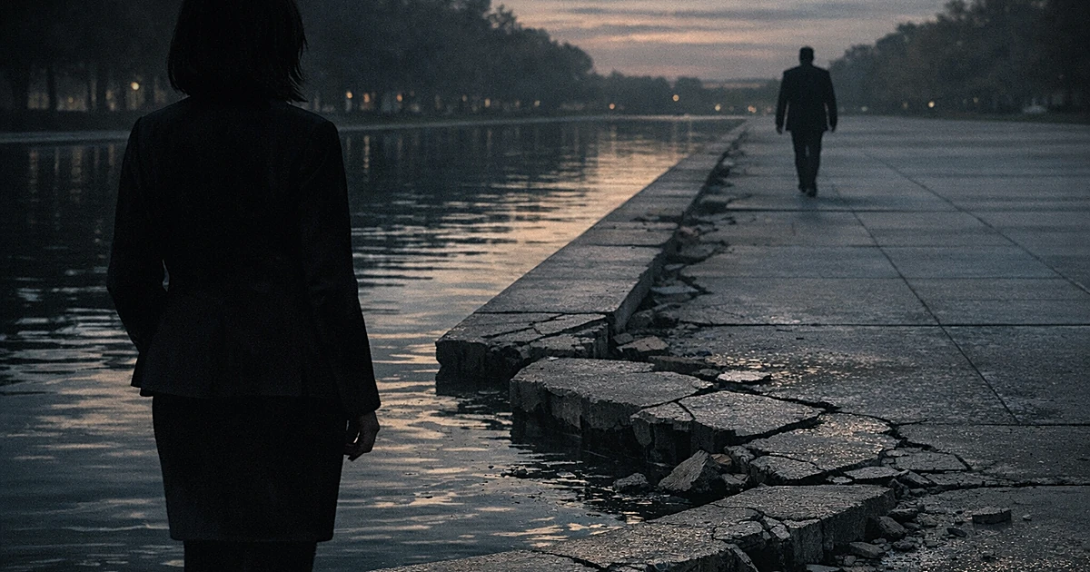Silhouetted figures separated at opposite ends of a damaged reflecting pool at dusk