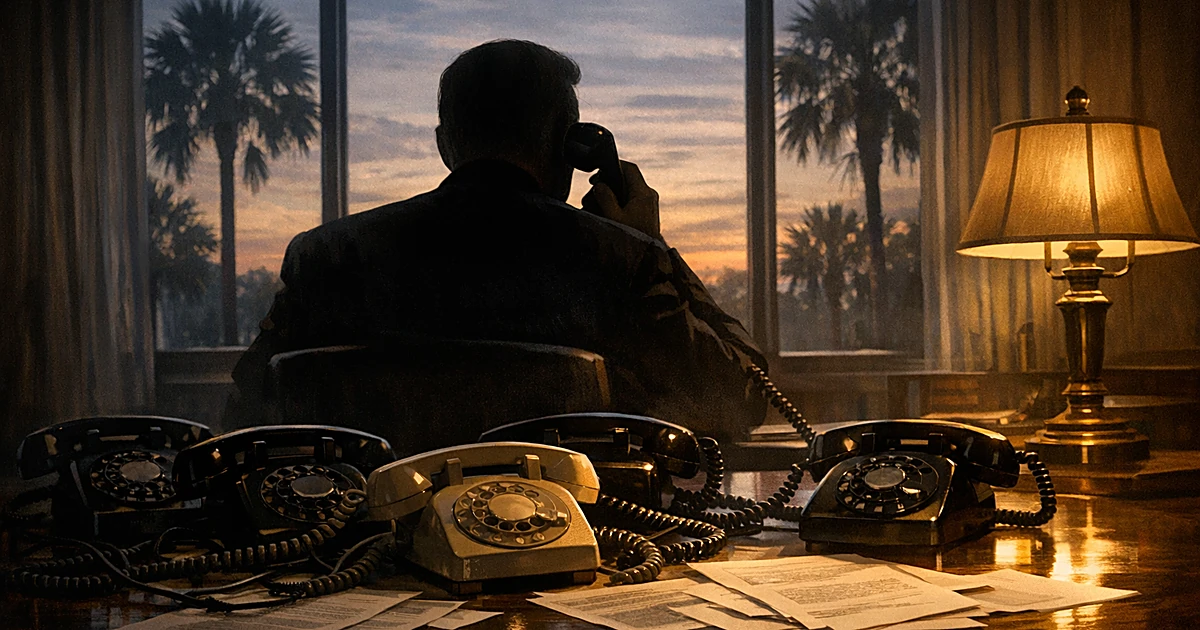 Silhouetted person at desk making phone calls with multiple telephones, backlit against evening windows