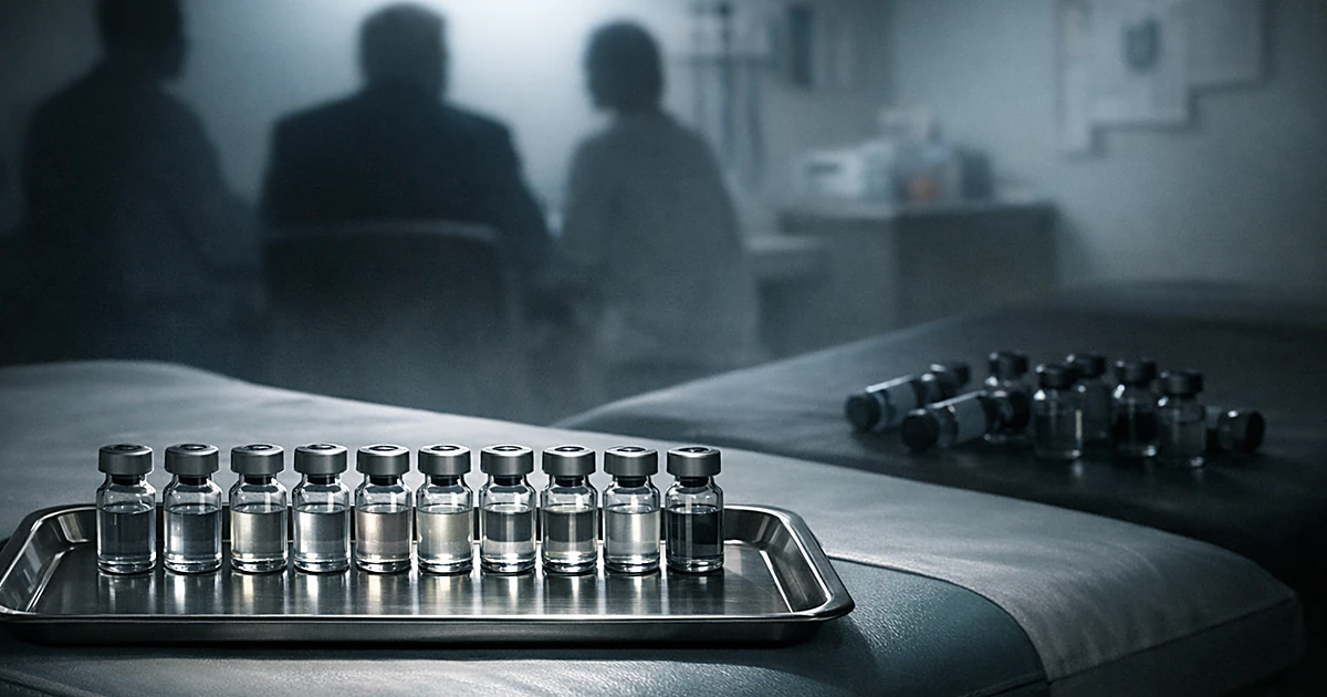 Vaccine vials separated into two groups on medical tray in clinical setting, eleven in focus and seven pushed aside