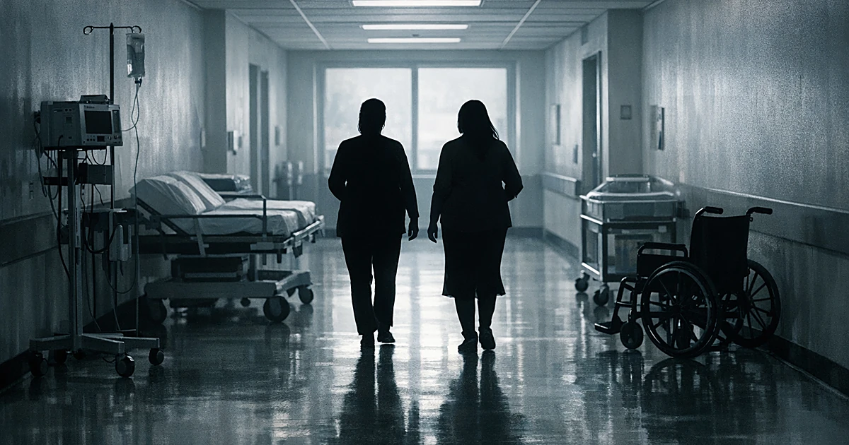 Silhouettes of pregnant women walking down a hospital maternity ward corridor toward a distant window