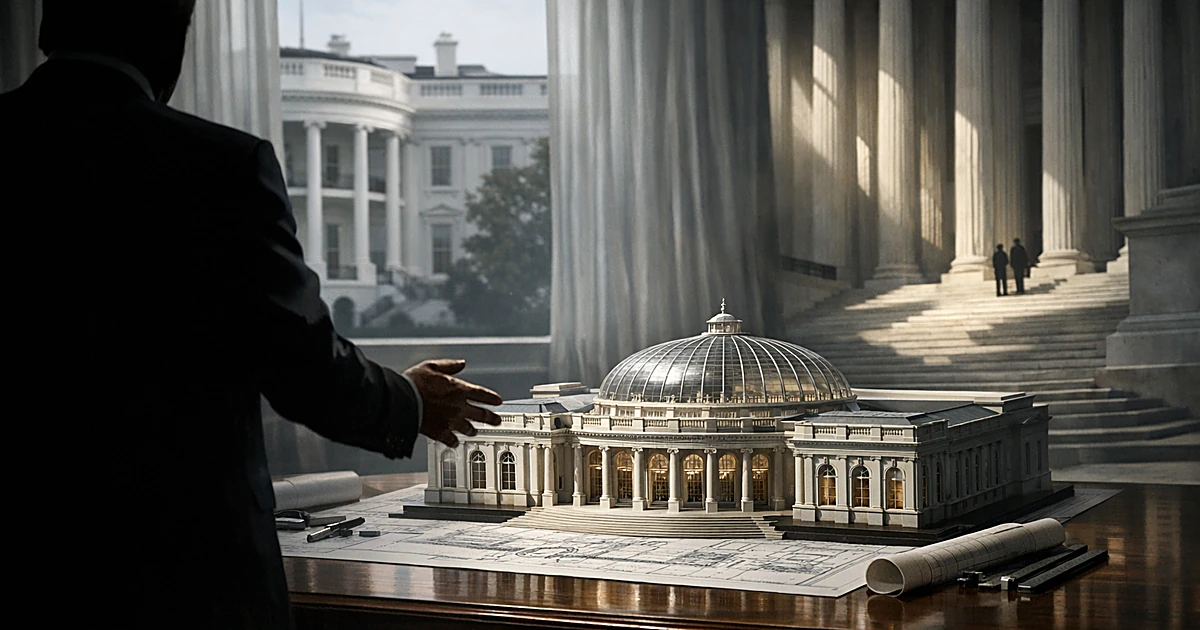 Silhouetted figure gestures at ballroom architectural model with government buildings visible through windows