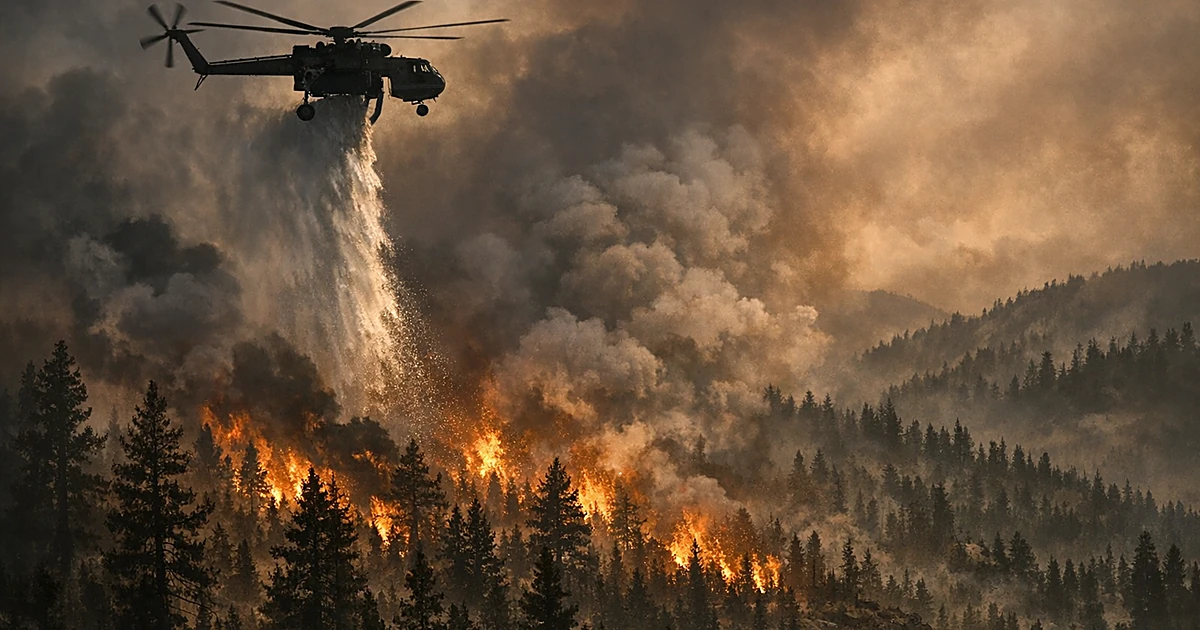 Firefighting helicopter dropping water over burning forest with heavy smoke rising from trees below