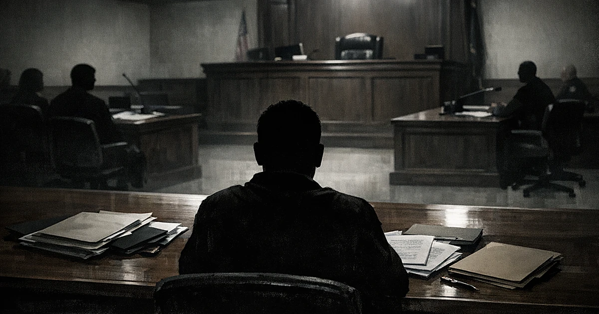 Silhouette of defendant at courtroom table with legal documents, facing empty judge's bench in shadowy interior