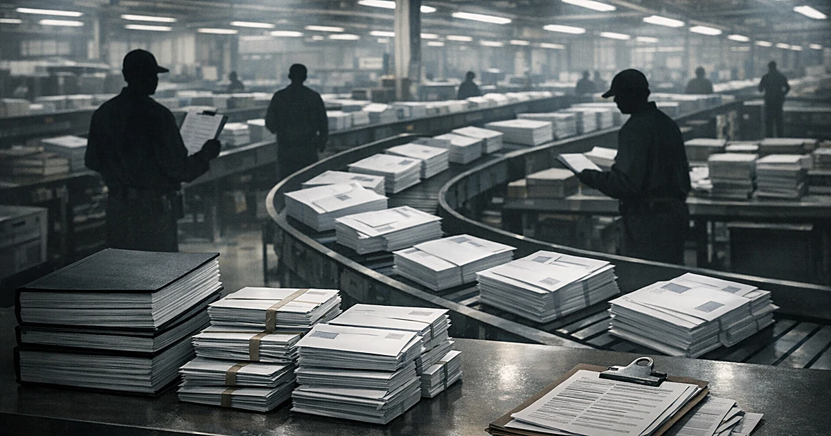Postal sorting facility with workers processing mail-in ballot envelopes alongside stacks of regulatory documents