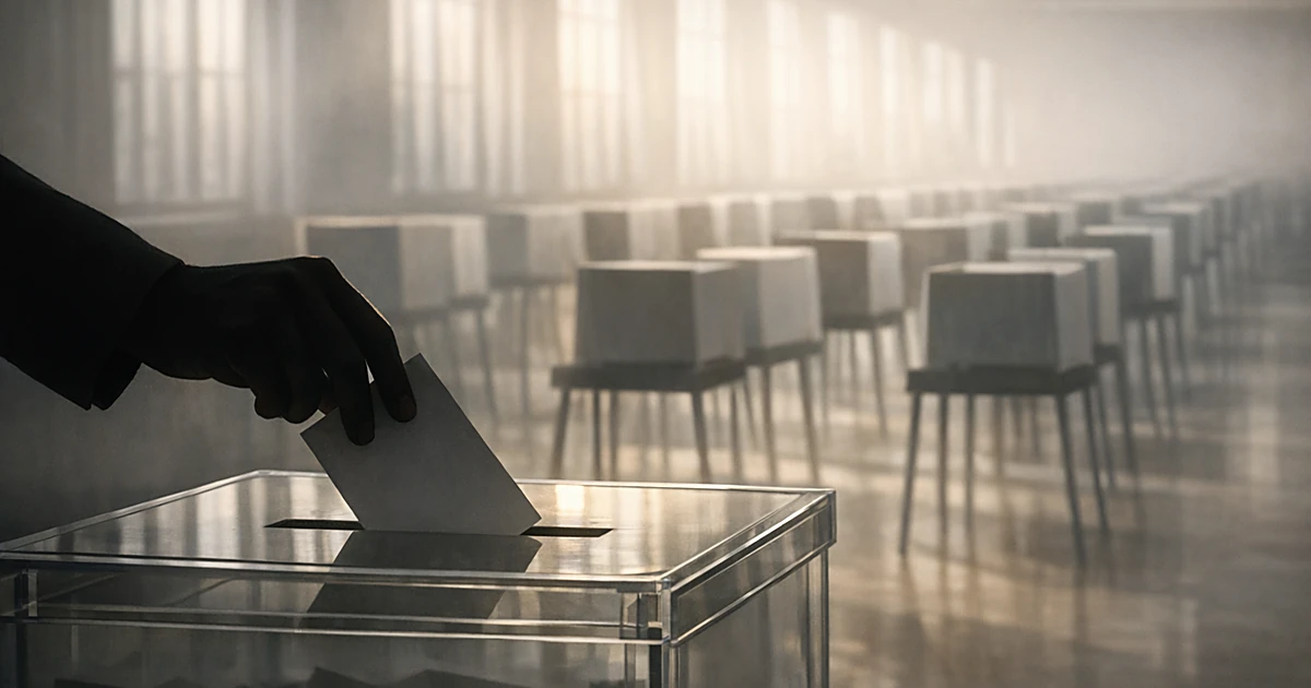 Silhouetted hand depositing ballot into box with rows of empty voting booths in background under morning light