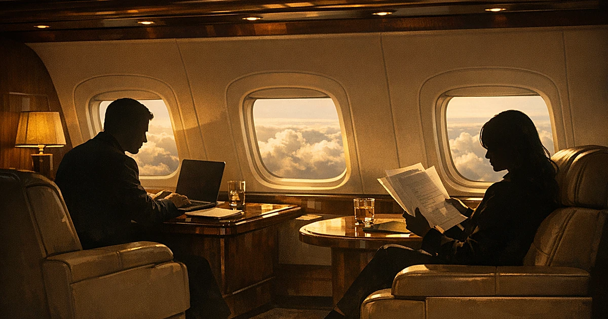 Silhouetted figures in luxurious private jet interior with golden lighting and clouds visible through windows