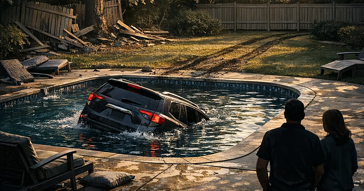SUV partially submerged in backyard swimming pool with damaged fence and tire tracks across lawn