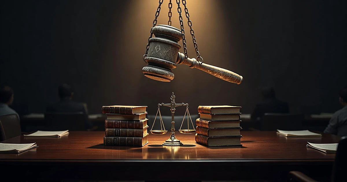 A suspended gavel hangs above balanced scales with law books, symbolizing a deadlocked decision on accreditation authority