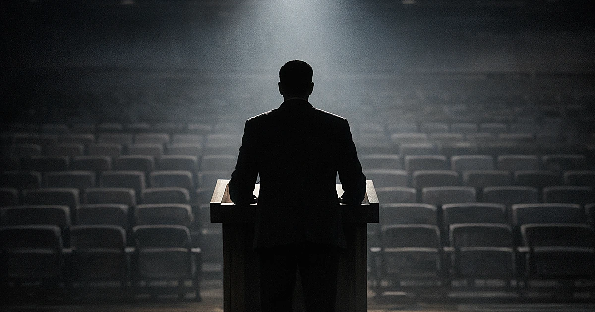Silhouetted speaker at podium facing empty chairs in shadowy auditorium with overhead spotlight