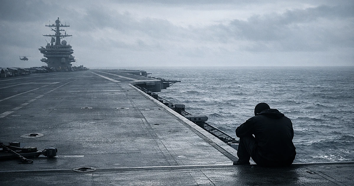 Lone sailor silhouette sitting on edge of aircraft carrier deck surrounded by endless grey ocean
