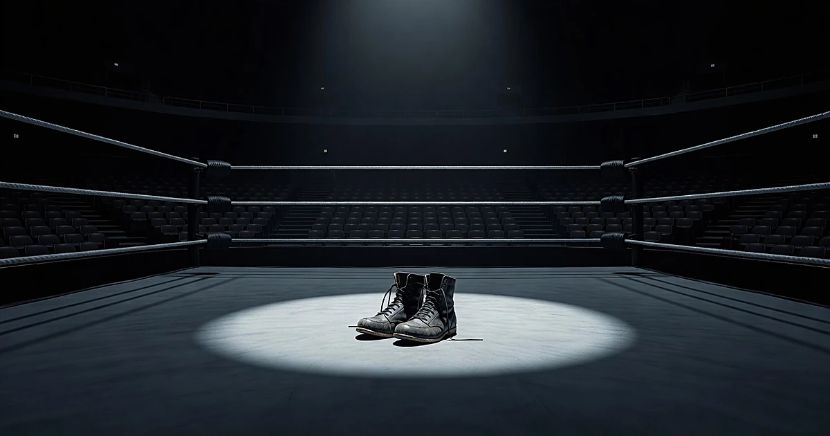 Empty wrestling ring illuminated by spotlight with boots placed in center as memorial in darkened arena