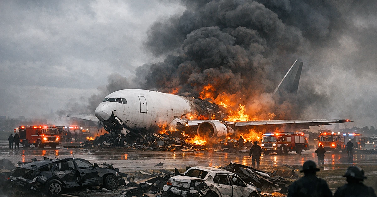 Cargo plane engulfed in flames and smoke beyond runway with emergency vehicles responding to crash scene