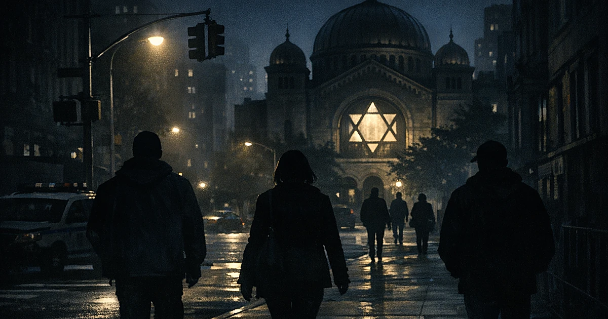 Silhouettes walking past a synagogue on a dark New York City street at night under streetlight