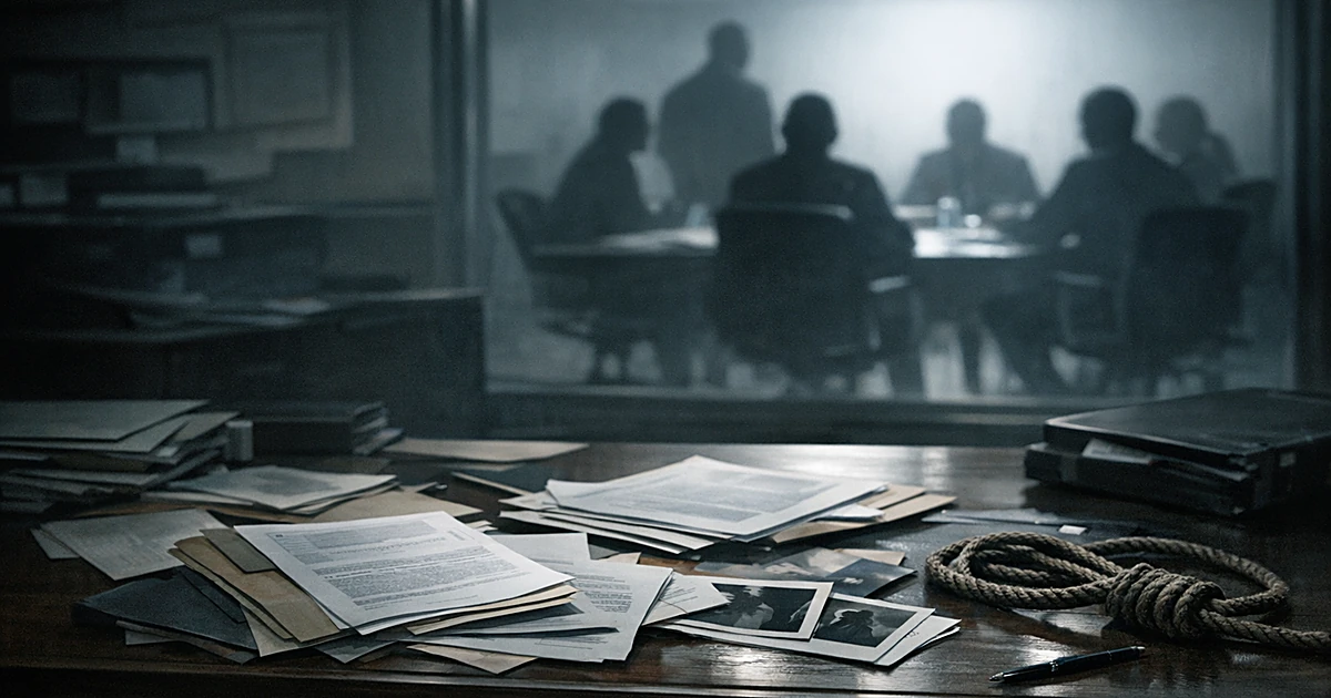 Silhouetted figures at conference table with scattered case files on desk in government office setting