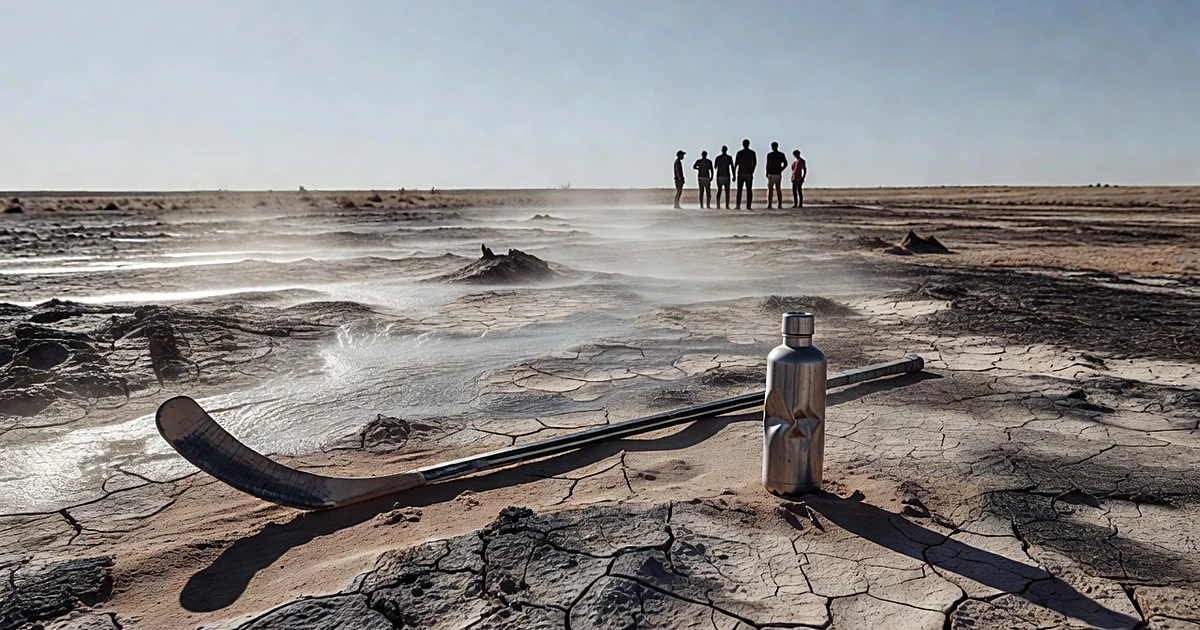 Hockey equipment abandoned on desert ground under intense sun with heat waves and distant silhouettes of people