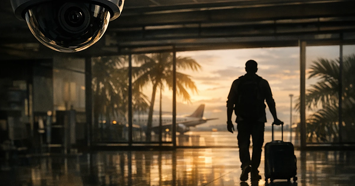 Silhouetted traveler with luggage walking through airport terminal with security camera in foreground