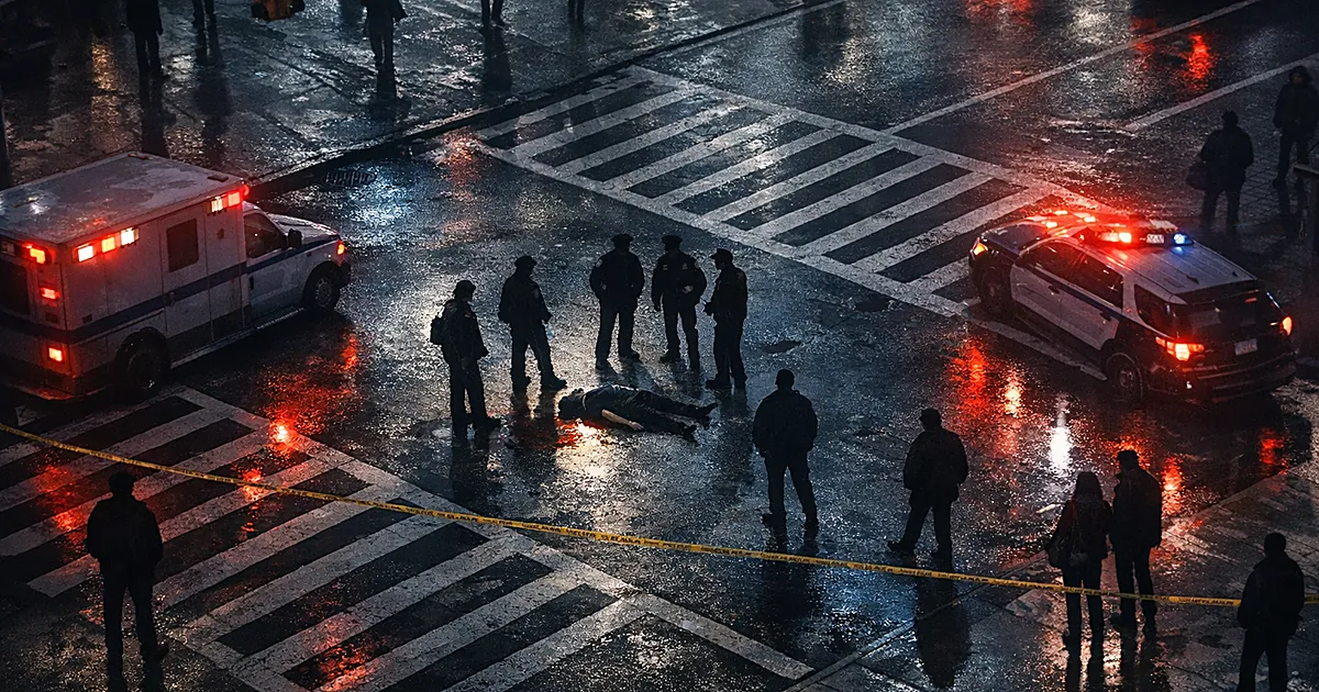 Aerial view of urban intersection with pedestrian silhouettes and emergency vehicle lights reflecting on pavement