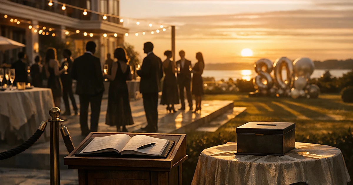 Silhouetted guests at luxury estate party with donation box and birthday decorations at sunset