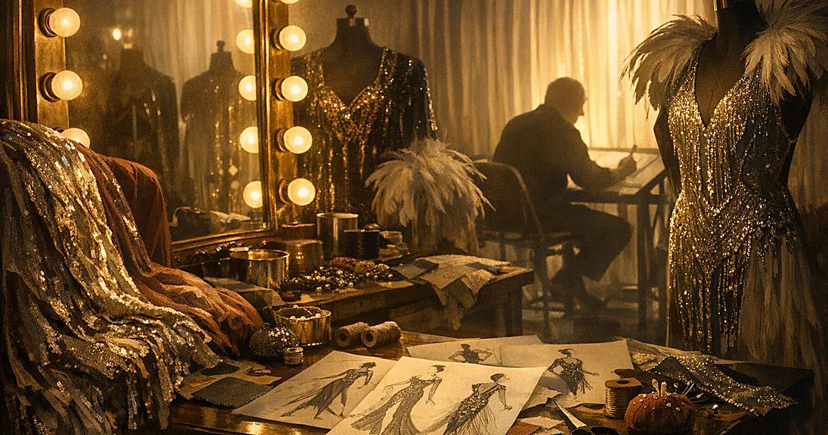 Theatrical dressing room with elaborate sequined costumes, sketches, and silhouetted designer working at drafting table