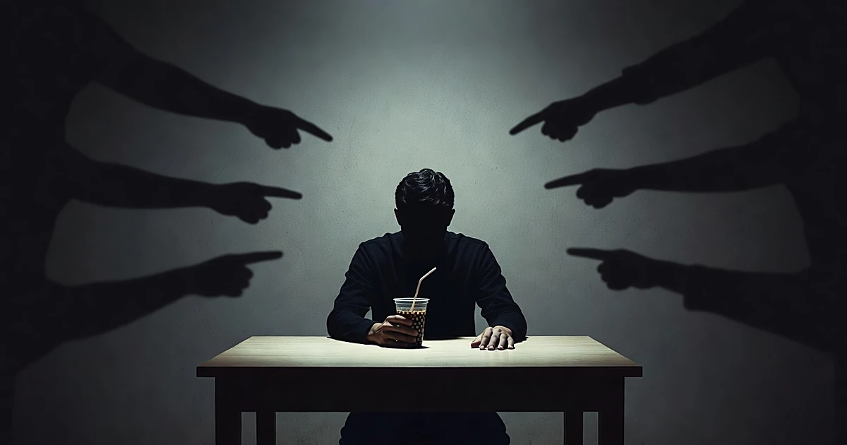 Silhouetted person holding bubble tea cup surrounded by shadows of pointing hands in dramatic spotlight