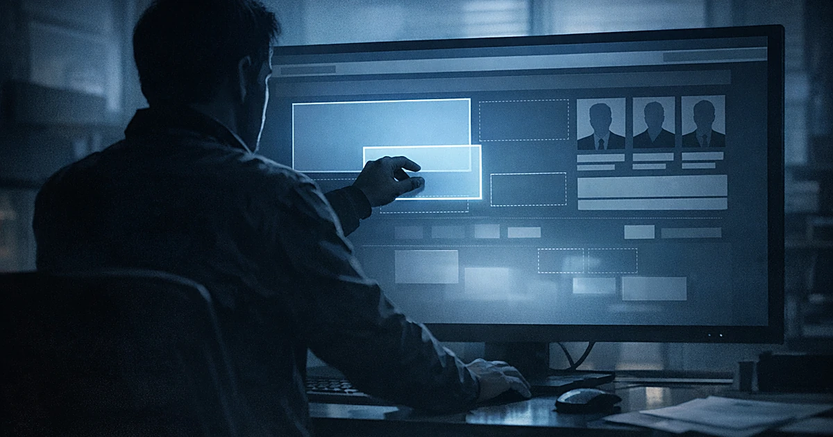 Silhouette of person at computer rearranging website layout boxes on glowing screen in dim office