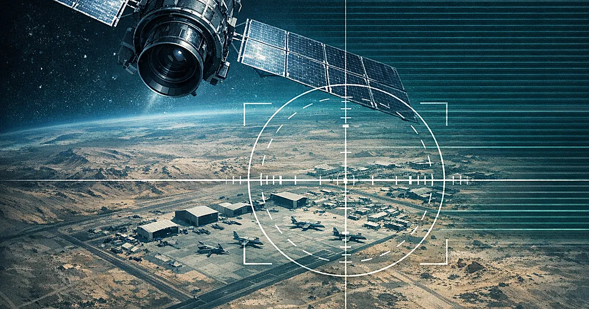 Satellite in orbit scanning military base in desert with targeting overlay and digital grid patterns