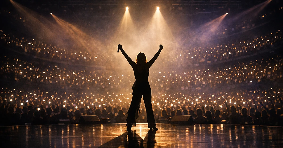 Silhouetted performer on stage with raised arms before thousands of glowing lights in a darkened arena