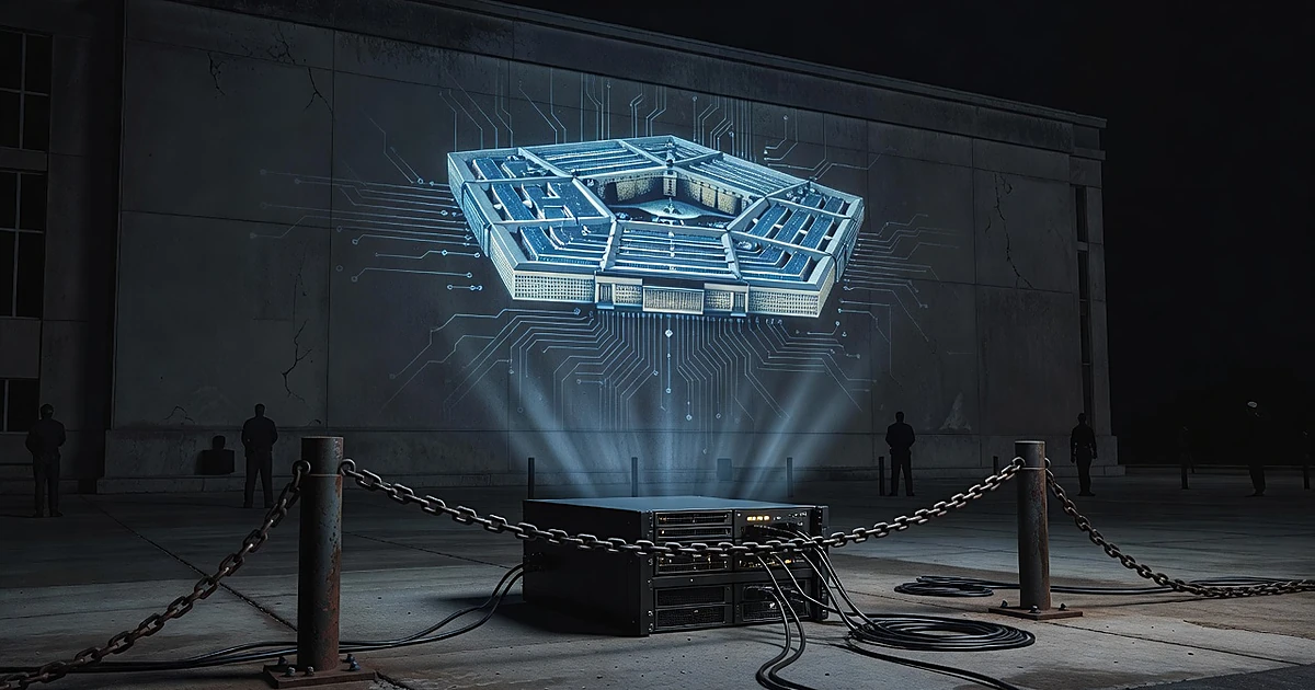 Pentagon wall with circuit patterns and isolated AI server behind chain barrier with disconnected cables