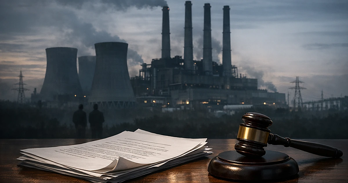 Coal power plant with smokestacks silhouetted behind court documents and gavel on wooden surface