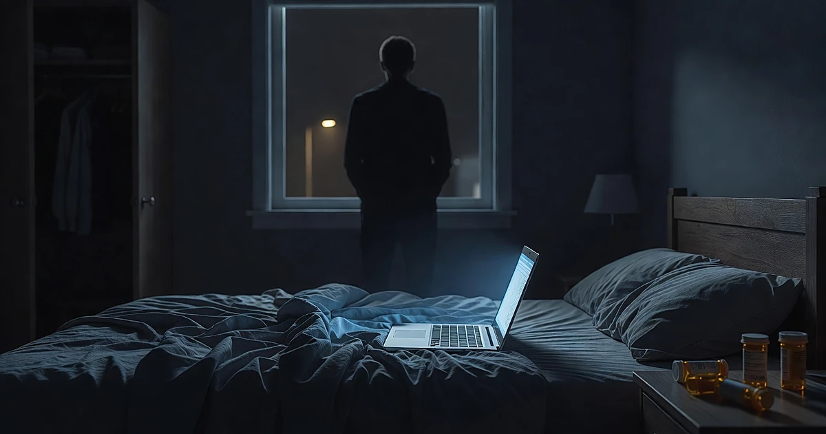 Darkened bedroom with glowing laptop on bed, pill bottles on nightstand, silhouetted figure at window