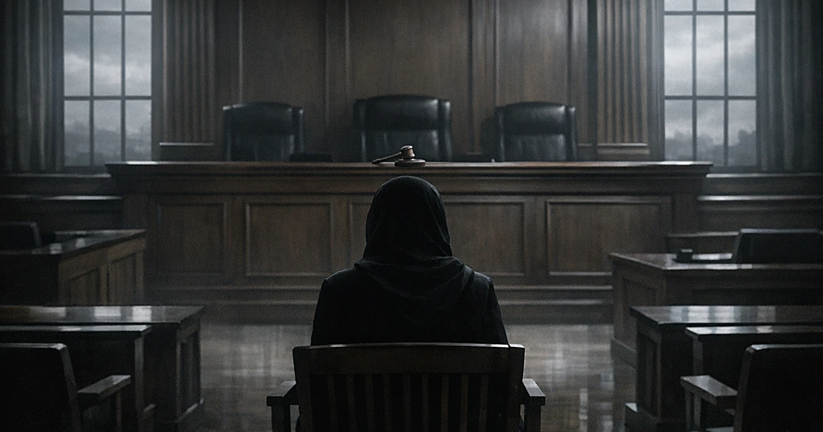 Silhouetted person sits alone in empty courtroom facing judge's bench with gavel in dim institutional lighting