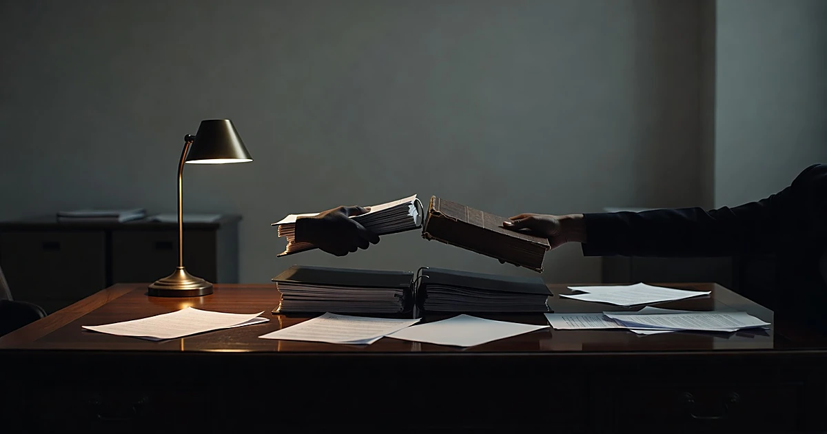Hands replacing regulatory binders on a desk in a shadowy government office, symbolizing policy reversal