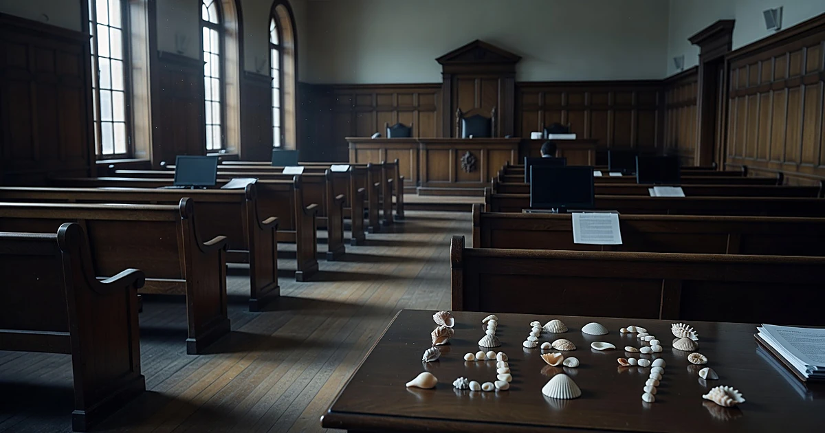 Empty courtroom with scattered seashells arranged in a pattern on a surface, shadows stretching across the floor
