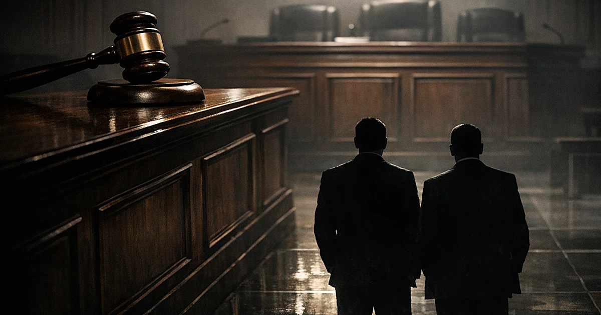 Two silhouetted figures stand before an empty judge's bench in a dimly lit courtroom with dramatic overhead lighting