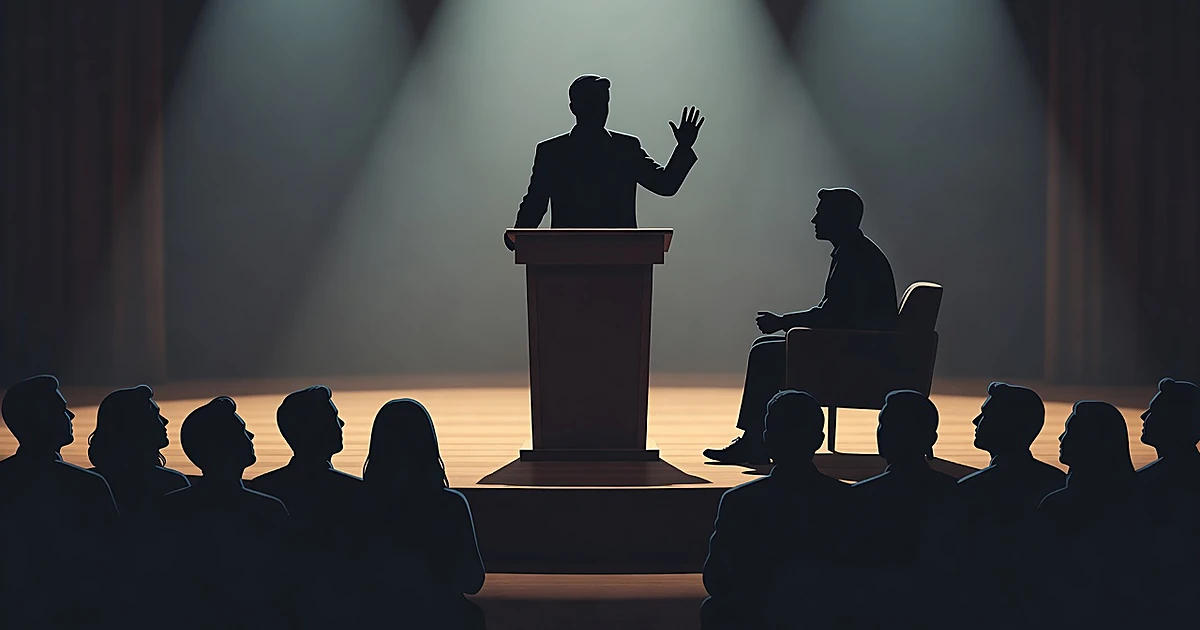 Silhouetted speaker at podium appearing to correct themselves on stage with seated interviewer and audience