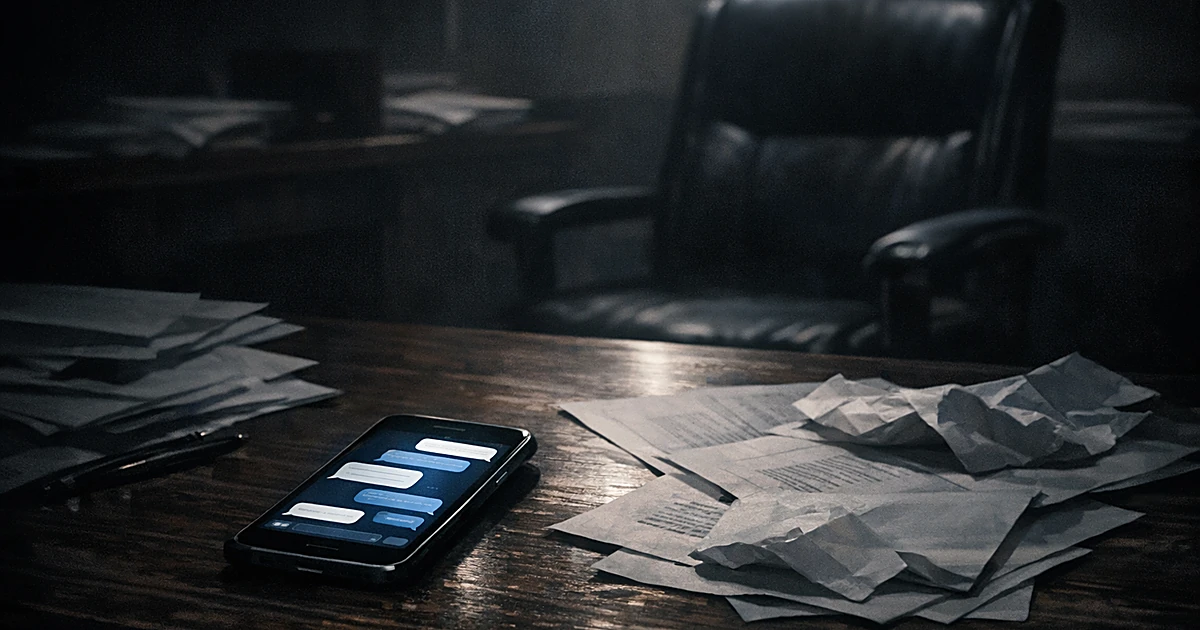 Illuminated smartphone with text messages on empty desk with scattered papers and vacant chair in dark office