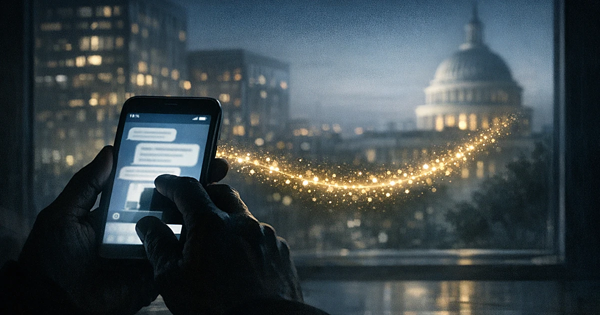 Silhouetted hand taking screenshot of phone with glowing message, digital light trail flowing toward distant building